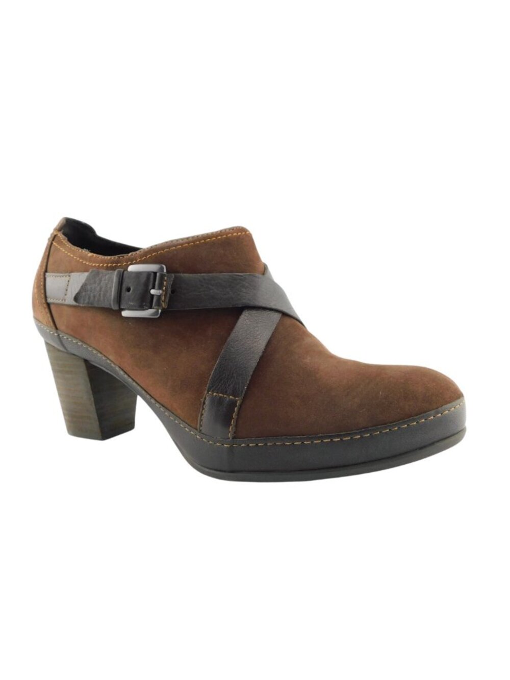 CLARKS Artisan Brown Nubuck Leather Buckle Strap Block Heel Ankle Boots 9